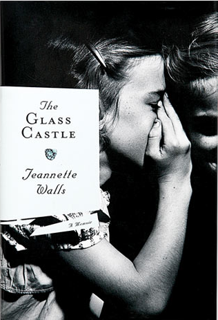 book cover for the glass castle.  black and white photograph of a young girl whispering into the ear of someone off camera.